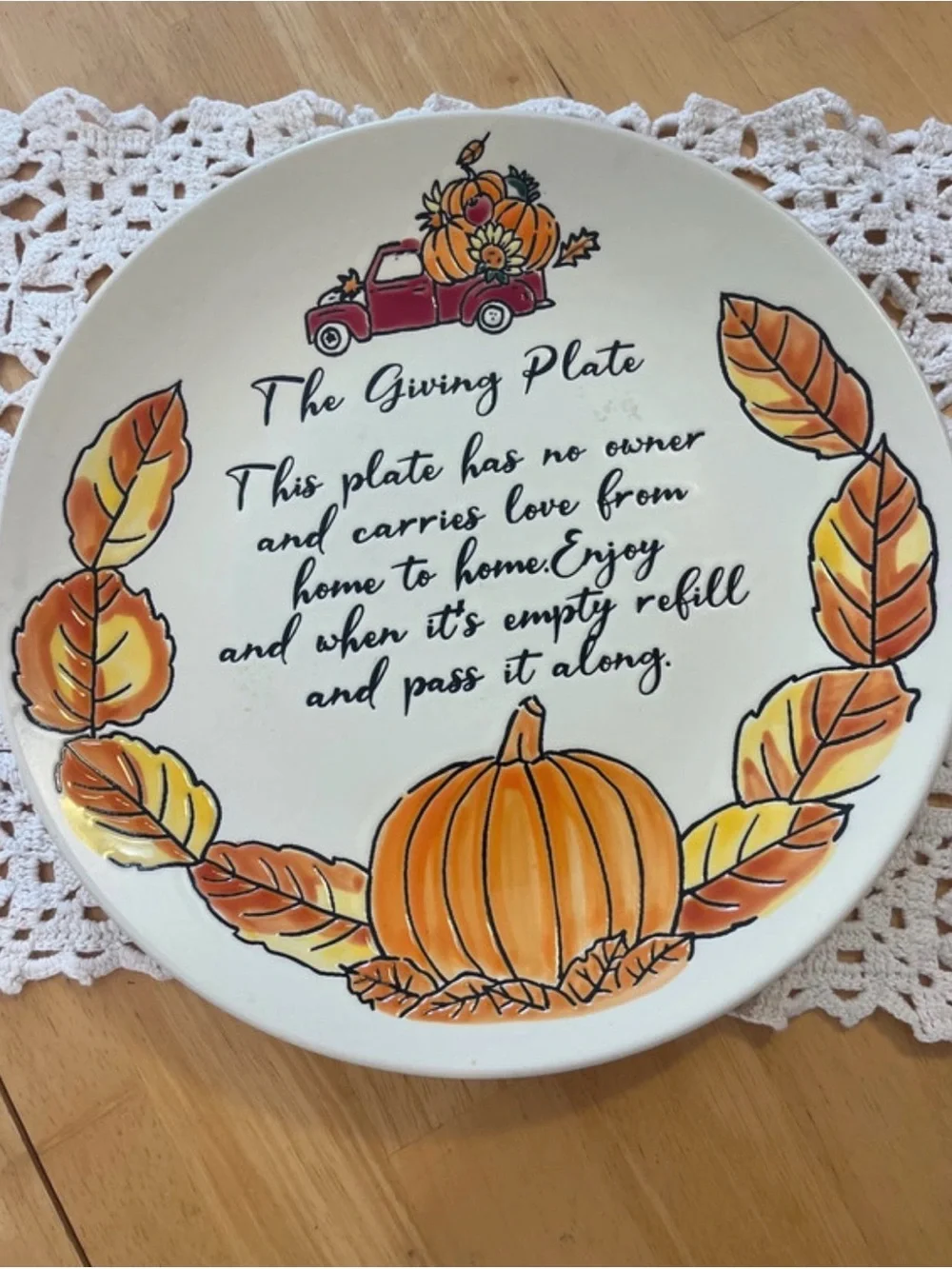 Global Desi White Ceramic Giving Plate with Orange Pumpkin & Red Truck